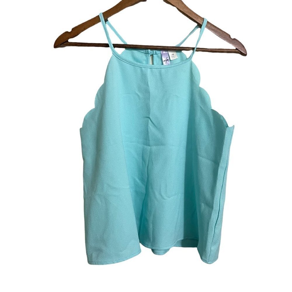 Alya Women's Teal Scalloped Trim Y2K Semi Cropped Halter Top Blouse Medium